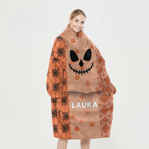 Personalized Blanket Hoodies, Happy Halloween Pattern Orange Pumpkin Face Oversized Blanket Hoodie