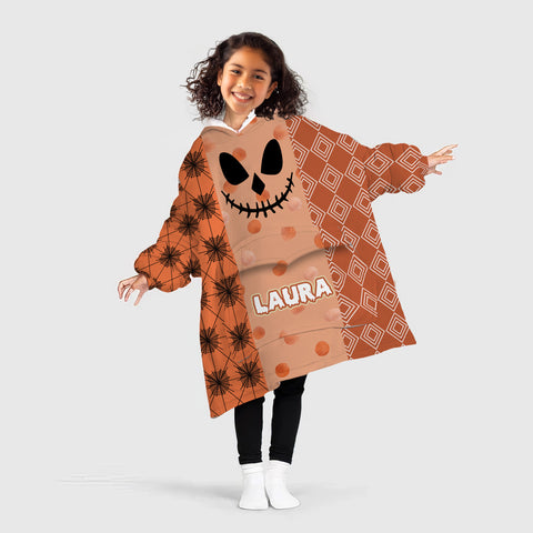 Image of Personalized Blanket Hoodies, Happy Halloween Pattern Orange Pumpkin Face Oversized Blanket Hoodie