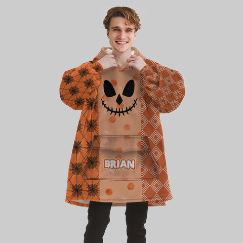 Image of Personalized Blanket Hoodies, Happy Halloween Pattern Orange Pumpkin Face Oversized Blanket Hoodie