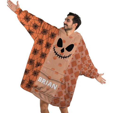 Image of Personalized Blanket Hoodies, Happy Halloween Pattern Orange Pumpkin Face Oversized Blanket Hoodie