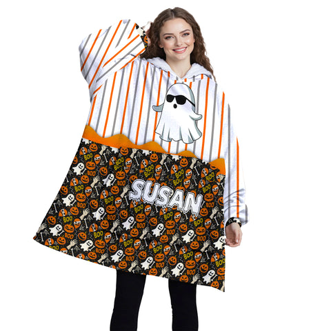 Image of Personalized Blanket Hoodies, Halloween Boo Ghost Pattern Oversized Blanket Hoodie