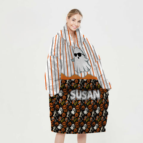 Image of Personalized Blanket Hoodies, Halloween Boo Ghost Pattern Oversized Blanket Hoodie