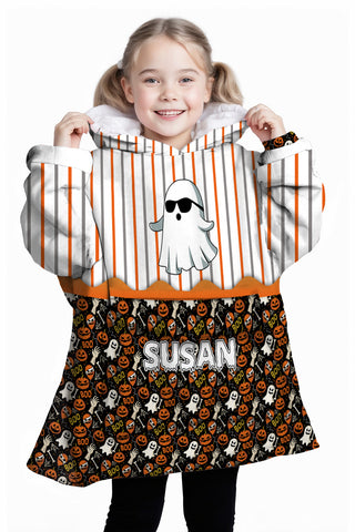 Image of Personalized Blanket Hoodies, Halloween Boo Ghost Pattern Oversized Blanket Hoodie