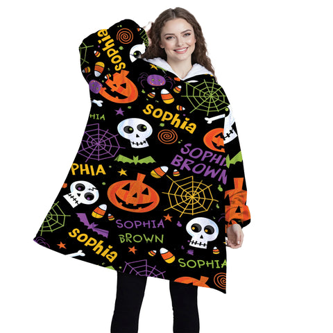 Image of Personalized Blanket Hoodies, Halloween Pumpkin Bat Pattern Oversized Blanket Hoodie