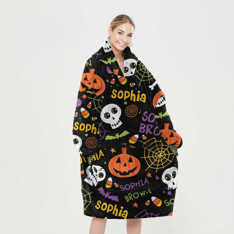 Image of Personalized Blanket Hoodies, Halloween Pumpkin Bat Pattern Oversized Blanket Hoodie