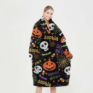 Personalized Blanket Hoodies, Halloween Pumpkin Bat Pattern Oversized Blanket Hoodie