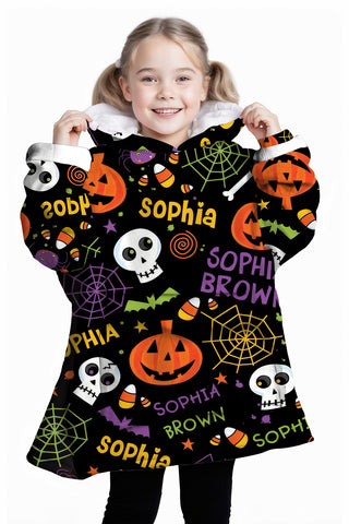 Image of Personalized Blanket Hoodies, Halloween Pumpkin Bat Pattern Oversized Blanket Hoodie