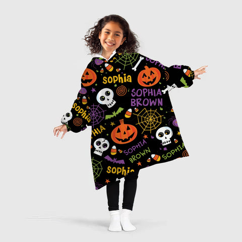 Image of Personalized Blanket Hoodies, Halloween Pumpkin Bat Pattern Oversized Blanket Hoodie