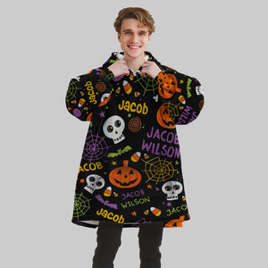 Personalized Blanket Hoodies, Halloween Pumpkin Bat Pattern Oversized Blanket Hoodie