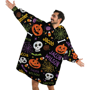 Personalized Blanket Hoodies, Halloween Pumpkin Bat Pattern Oversized Blanket Hoodie