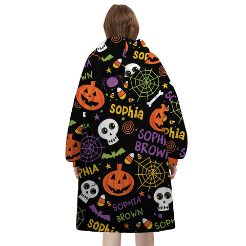 Image of Personalized Blanket Hoodies, Halloween Pumpkin Bat Pattern Oversized Blanket Hoodie