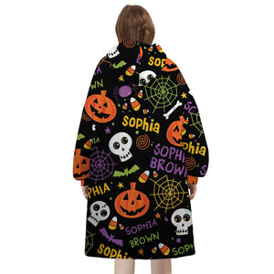 Personalized Blanket Hoodies, Halloween Pumpkin Bat Pattern Oversized Blanket Hoodie