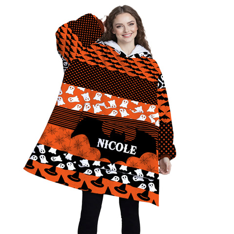 Image of Personalized Blanket Hoodies, Custom Name Halloween Bat Trick Or Treat Pattern Oversized Blanket Hoodie