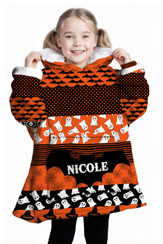 Image of Personalized Blanket Hoodies, Custom Name Halloween Bat Trick Or Treat Pattern Oversized Blanket Hoodie