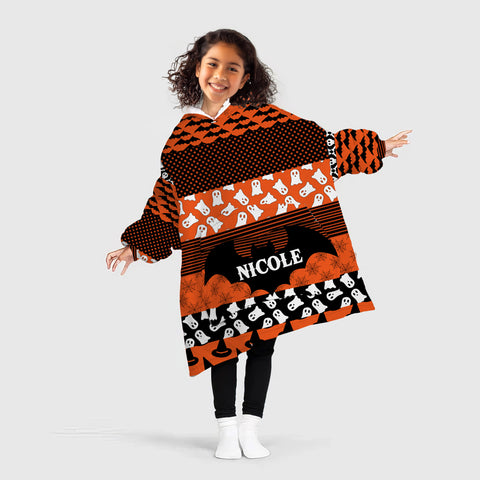 Image of Personalized Blanket Hoodies, Custom Name Halloween Bat Trick Or Treat Pattern Oversized Blanket Hoodie