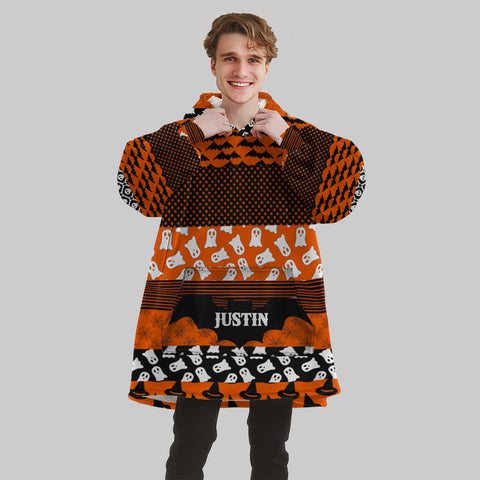 Image of Personalized Blanket Hoodies, Custom Name Halloween Bat Trick Or Treat Pattern Oversized Blanket Hoodie