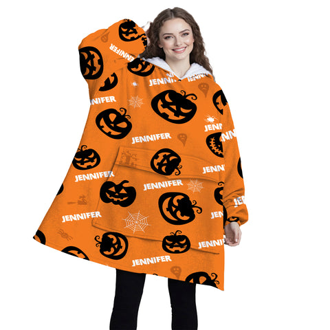 Image of Personalized Blanket Hoodies, Halloween Pumpkin Pattern Custom Name Oversized Blanket Hoodie