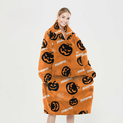 Image of Personalized Blanket Hoodies, Halloween Pumpkin Pattern Custom Name Oversized Blanket Hoodie