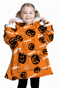 Personalized Blanket Hoodies, Halloween Pumpkin Pattern Custom Name Oversized Blanket Hoodie