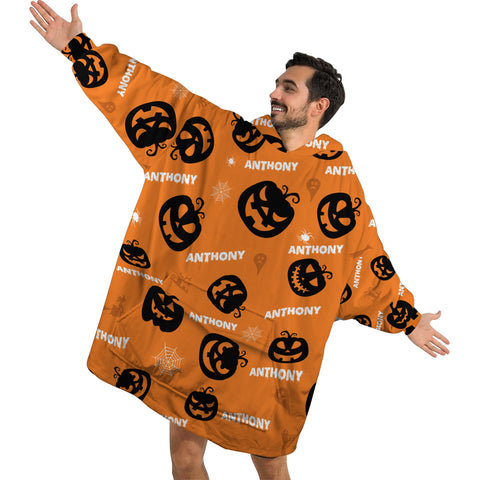 Image of Personalized Blanket Hoodies, Halloween Pumpkin Pattern Custom Name Oversized Blanket Hoodie