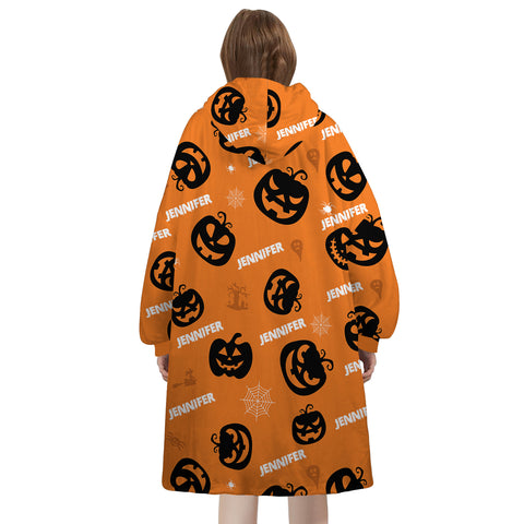 Image of Personalized Blanket Hoodies, Halloween Pumpkin Pattern Custom Name Oversized Blanket Hoodie