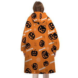 Personalized Blanket Hoodies, Halloween Pumpkin Pattern Custom Name Oversized Blanket Hoodie