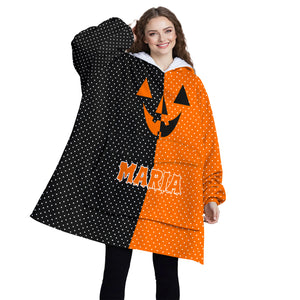 Personalized Blanket Hoodies, Halloween Black and Orange Polka Dots Oversized Blanket Hoodie