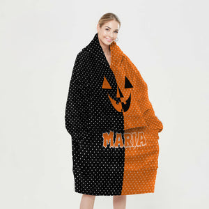 Personalized Blanket Hoodies, Halloween Black and Orange Polka Dots Oversized Blanket Hoodie