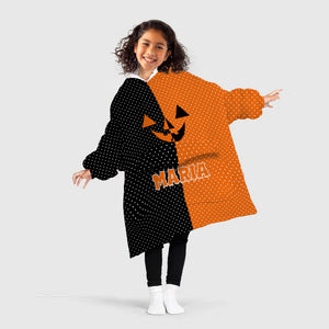 Personalized Blanket Hoodies, Halloween Black and Orange Polka Dots Oversized Blanket Hoodie