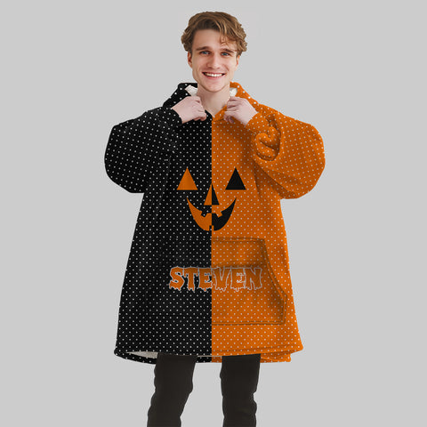 Image of Personalized Blanket Hoodies, Halloween Black and Orange Polka Dots Oversized Blanket Hoodie