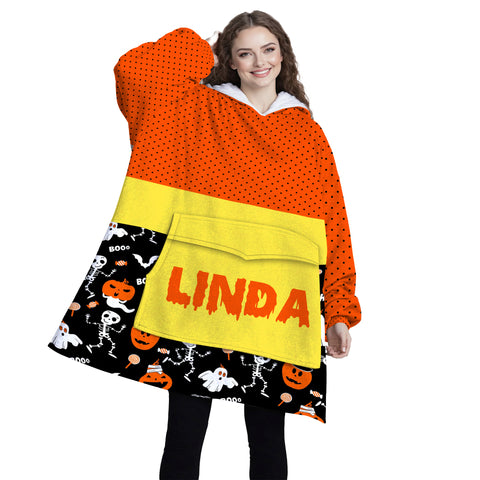 Image of Personalized Blanket Hoodies, Halloween Trick Or Treat Pattern Oversized Blanket Hoodie