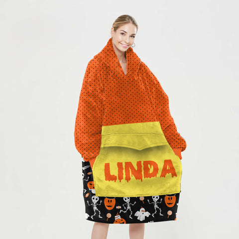 Image of Personalized Blanket Hoodies, Halloween Trick Or Treat Pattern Oversized Blanket Hoodie