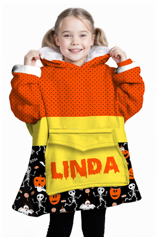 Image of Personalized Blanket Hoodies, Halloween Trick Or Treat Pattern Oversized Blanket Hoodie