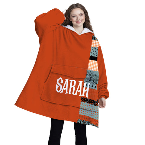 Image of Personalized Blanket Hoodies, Orange Halloween Pattern Patchwork Oversized Blanket Hoodie