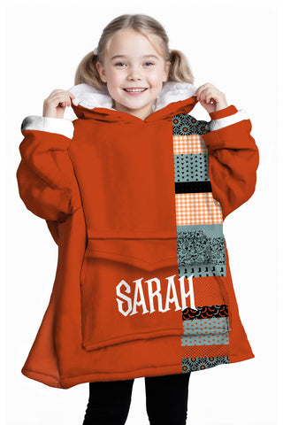 Image of Personalized Blanket Hoodies, Orange Halloween Pattern Patchwork Oversized Blanket Hoodie