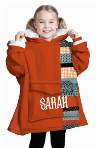 Personalized Blanket Hoodies, Orange Halloween Pattern Patchwork Oversized Blanket Hoodie