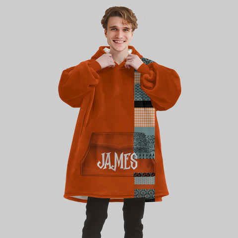 Image of Personalized Blanket Hoodies, Orange Halloween Pattern Patchwork Oversized Blanket Hoodie