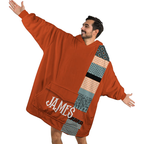 Image of Personalized Blanket Hoodies, Orange Halloween Pattern Patchwork Oversized Blanket Hoodie