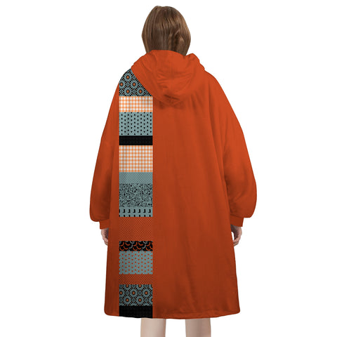 Image of Personalized Blanket Hoodies, Orange Halloween Pattern Patchwork Oversized Blanket Hoodie