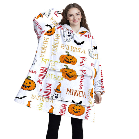 Image of Personalized Blanket Hoodies, Halloween Pumpkin Ghost Custom Name Oversized Blanket Hoodie