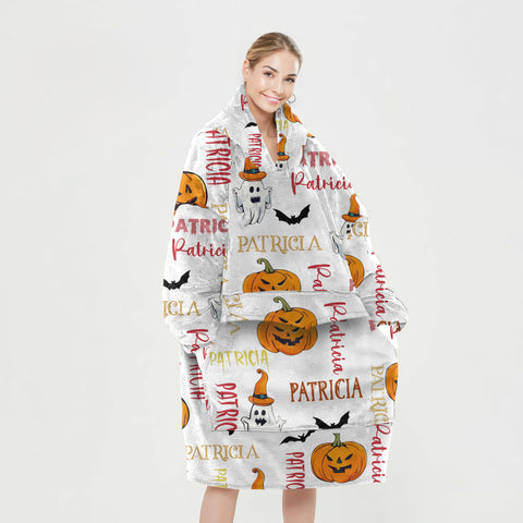 Image of Personalized Blanket Hoodies, Halloween Pumpkin Ghost Custom Name Oversized Blanket Hoodie