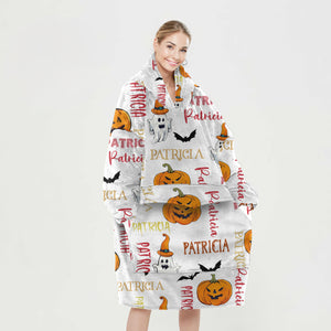 Personalized Blanket Hoodies, Halloween Pumpkin Ghost Custom Name Oversized Blanket Hoodie