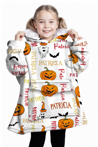 Image of Personalized Blanket Hoodies, Halloween Pumpkin Ghost Custom Name Oversized Blanket Hoodie