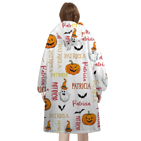 Image of Personalized Blanket Hoodies, Halloween Pumpkin Ghost Custom Name Oversized Blanket Hoodie