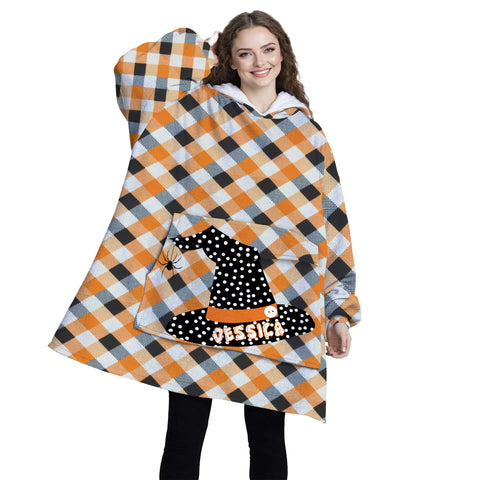 Image of Personalized Blanket Hoodies, Orange and Black Halloween Plaid Witch Hat Oversized Blanket Hoodie