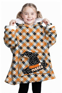 Personalized Blanket Hoodies, Orange and Black Halloween Plaid Witch Hat Oversized Blanket Hoodie