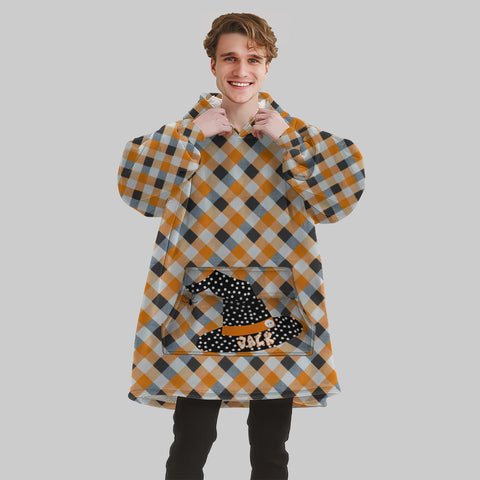 Image of Personalized Blanket Hoodies, Orange and Black Halloween Plaid Witch Hat Oversized Blanket Hoodie