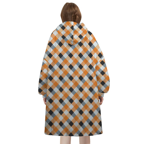 Image of Personalized Blanket Hoodies, Orange and Black Halloween Plaid Witch Hat Oversized Blanket Hoodie