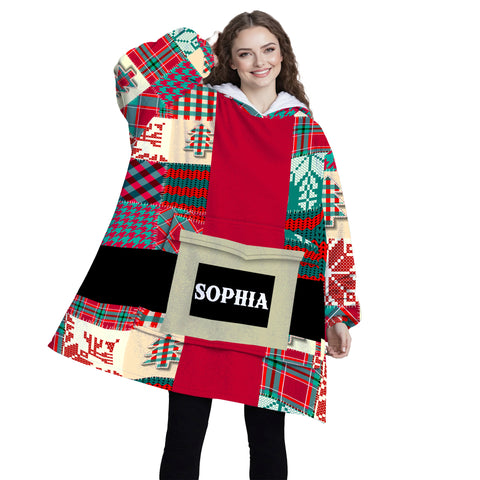 Image of Personalized Blanket Hoodies, Santa's Coat Christmas Pattern Patchwork Custom Name Oversized Blanket Hoodie