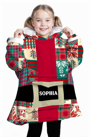 Image of Personalized Blanket Hoodies, Santa's Coat Christmas Pattern Patchwork Custom Name Oversized Blanket Hoodie